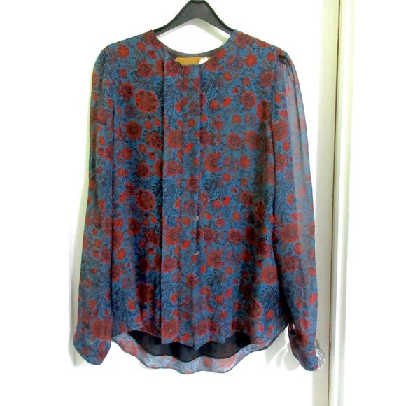 Hanley Mellon 100% Silk 8 Blouse Blue Floral Boho Semi Sheer M Shirt Tunic Mint! - Picture 7 of 10